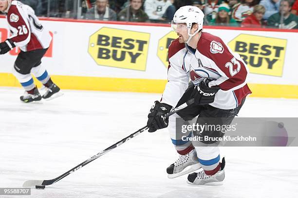 Milan Hejduk of the Colorado Avalanche skates with the puck against the Minnesota Wild during the game at the Xcel Energy Center on December 21, 2009...