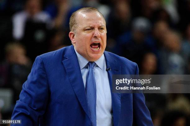 Head coach Tom Thibodeau of the Minnesota Timberwolves reacts to a call as his team play against the Houston Rockets in Game Three of Round One of...