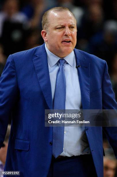 Head coach Tom Thibodeau of the Minnesota Timberwolves reacts to a call as his team play against the Houston Rockets in Game Three of Round One of...