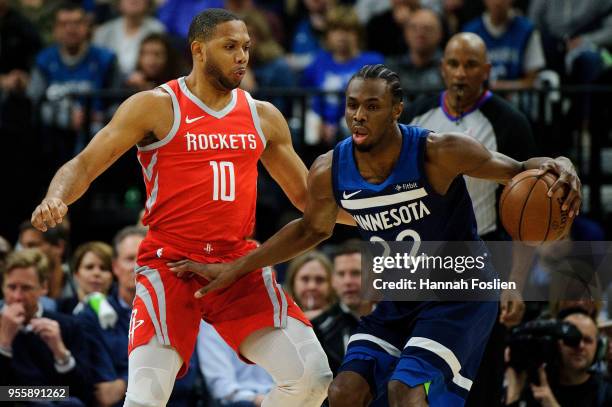 Eric Gordon of the Houston Rockets defends against Andrew Wiggins of the Minnesota Timberwolves in Game Three of Round One of the 2018 NBA Playoffs...