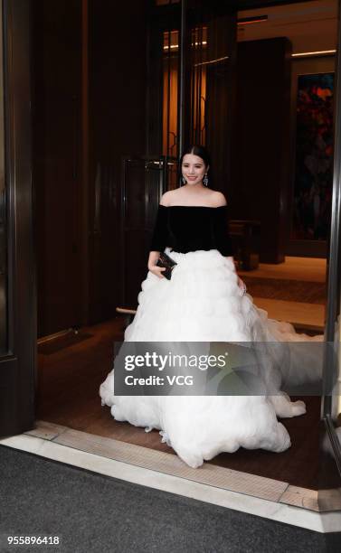 Investor and philanthropist Wendy Yu leaves the hotel to attend the Heavenly Bodies: Fashion & The Catholic Imagination Costume Institute Gala on May...