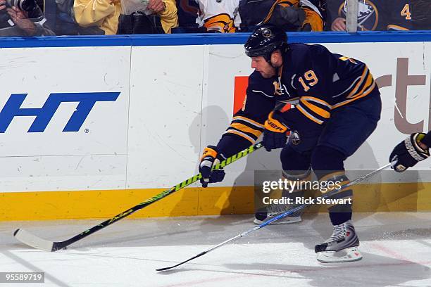 Tim Connolly of the Buffalo Sabres skates with the puck during the game against the Pittsburgh Penguins at HSBC Arena on December 29, 2009 in...