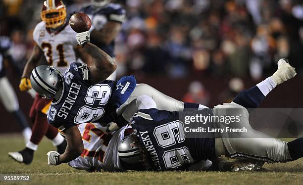 Anthony Spencer of the Dallas Cowboys defends against the Washington Redskins at FedExField on December 27, 2009 in Landover, Maryland. The Cowboys...