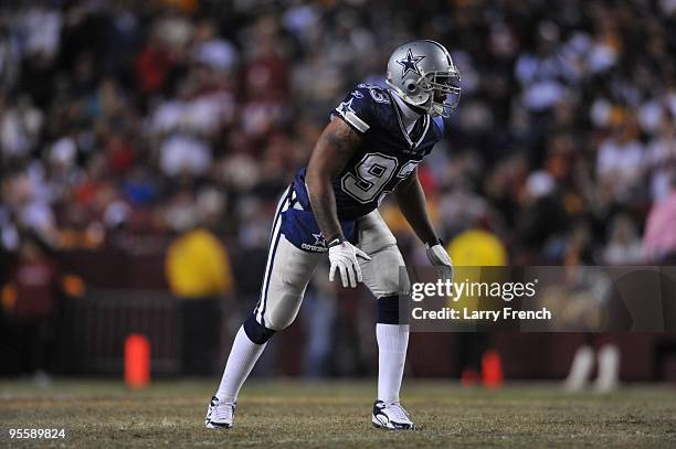 Anthony Spencer of the Dallas Cowboys defends against the Washington Redskins at FedExField on December 27, 2009 in Landover, Maryland. The Cowboys...