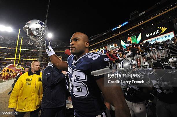 Bradie James of the Dallas Cowboys is introduced before the game against the Washington Redskins at FedExField on December 27, 2009 in Landover,...