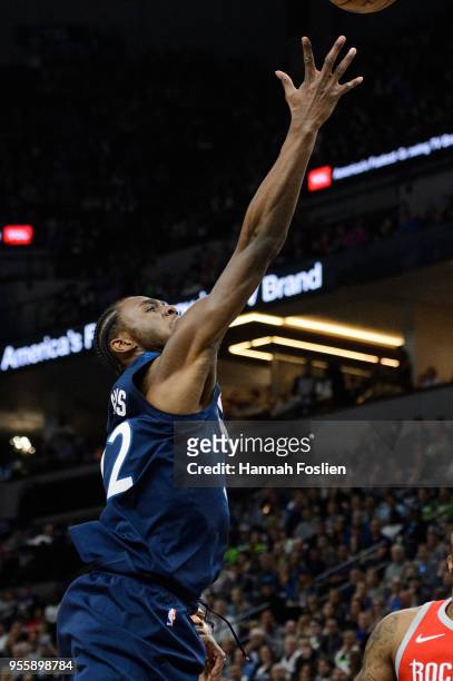 Andrew Wiggins of the Minnesota Timberwolves shoots the ball against the Houston Rockets in Game Three of Round One of the 2018 NBA Playoffs on April...