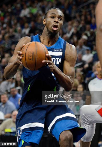 Andrew Wiggins of the Minnesota Timberwolves has the ball against the Houston Rockets in Game Three of Round One of the 2018 NBA Playoffs on April...