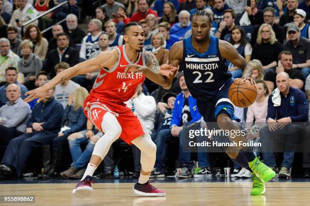 Andrew Wiggins of the Minnesota Timberwolves drives to the basket against Gerald Green of the Houston Rockets in Game Three of Round One of the 2018...