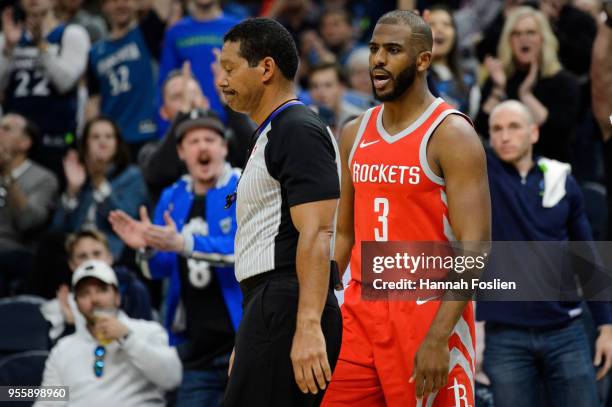 Chris Paul of the Houston Rockets reacts to a call in Game Three of Round One of the 2018 NBA Playoffs against the Minnesota Timberwolves on April...