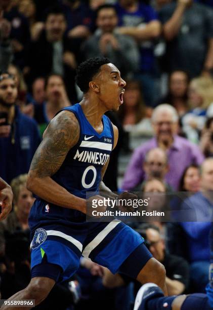 Jeff Teague of the Minnesota Timberwolves celebrates a turnover by the Houston Rockets in Game Three of Round One of the 2018 NBA Playoffs on April...