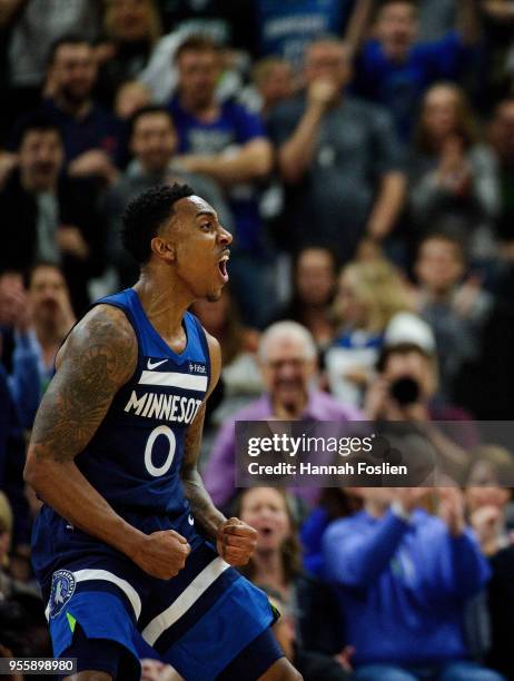 Jeff Teague of the Minnesota Timberwolves celebrates a turnover by the Houston Rockets in Game Three of Round One of the 2018 NBA Playoffs on April...