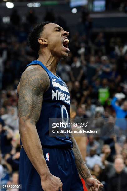 Jeff Teague of the Minnesota Timberwolves celebrates being fouled on a shot by the Houston Rockets in Game Three of Round One of the 2018 NBA...