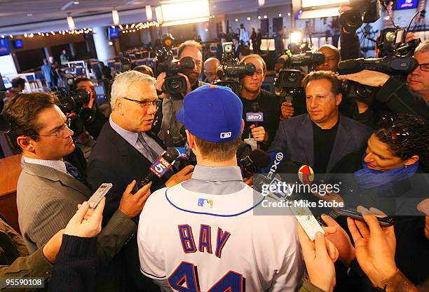 Jason Bay talks to the media during a press conference to announce his signing to the New York Mets on January 5, 2010 at Citi Field in the Flushing...