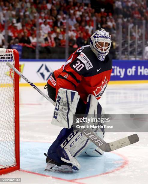 Curtis McElhinney, goaltender of Canada tends net against Denmark during the 2018 IIHF Ice Hockey World Championship group stage game between Canada...