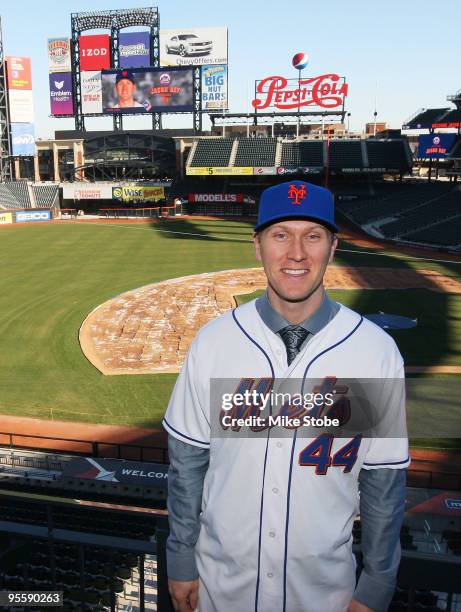 Jason Bay poses for a photo during a press conference to announce his signing to the New York Mets on January 5, 2010 at Citi Field in the Flushing...