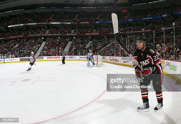 Chris Kelly of the Ottawa Senators waits for the pass in a game against the Colorado Avalanche at Scotiabank Place on December 30, 2009 in Ottawa,...