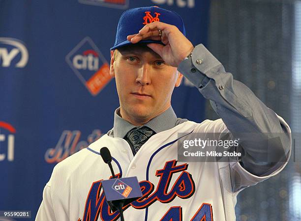 Jason Bay talks to the media during a press conference to announce his signing to the New York Mets on January 5, 2010 at Citi Field in the Flushing...