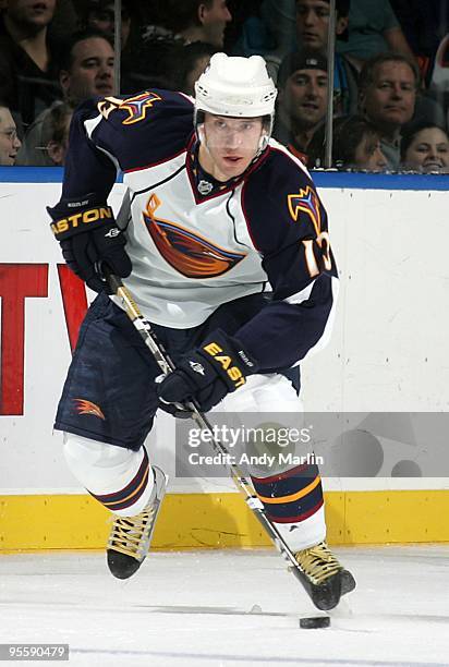 Vyacheslav Kozlov of the Atlanta Thrashers plays the puck against the New York Islanders during the game at the Nassau Coliseum on January 02, 2010...