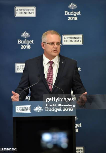 Scott Morrison, Australia's treasurer, speaks at a news conference inside the budget lock-up at Parliament House in Canberra, Australia, on Tuesday,...