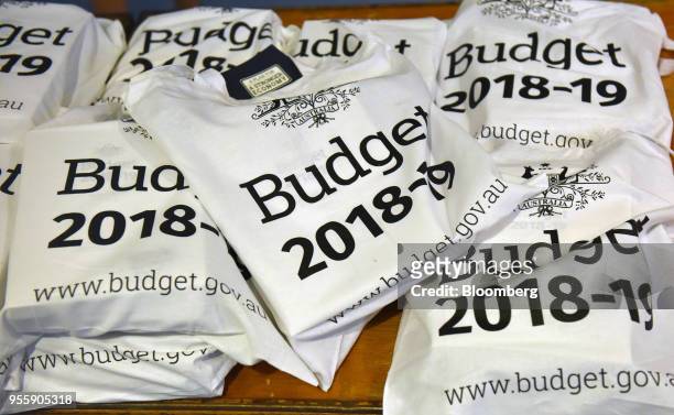 Budget documents sit inside cloth bags during the budget lock-up at Parliament House in Canberra, Australia, on Tuesday, May 8, 2018. With elections...