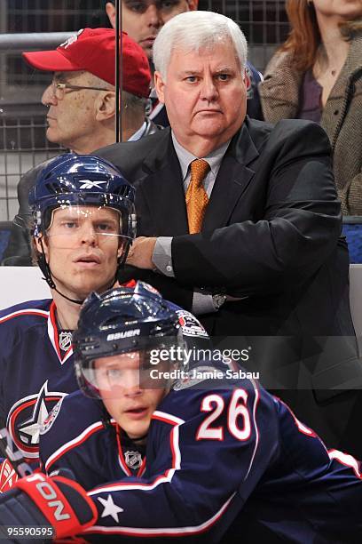 Head coach Ken Hitchcock of the Columbus Blue Jackets watches his team play against the Nashville Predators on December 31, 2009 at Nationwide Arena...