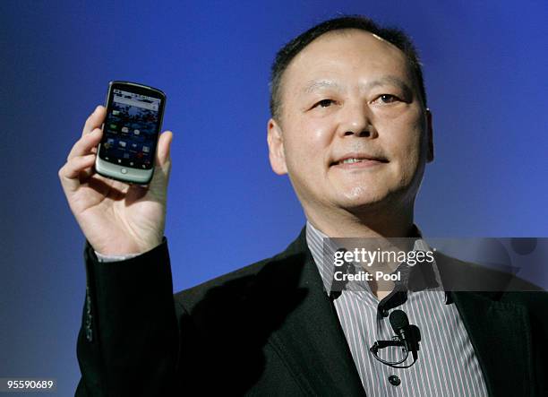 Peter Chou, CEO of HTC, displays Google's Nexus One smartphone during the unveiling at Google's headquarters January 5, 2010 in Mountain View,...