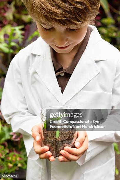 boy in white lab coat holding a small plant - mr start discoverylab stock-fotos und bilder