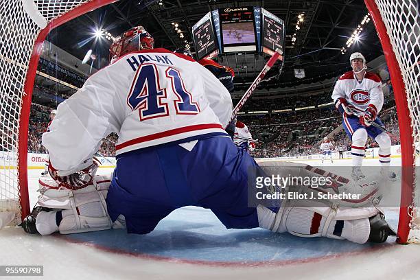Goaltender Jaroslav Halak of the Montreal Canadiens defends the net against the Florida Panthers at the BankAtlantic Center on December 31, 2009 in...
