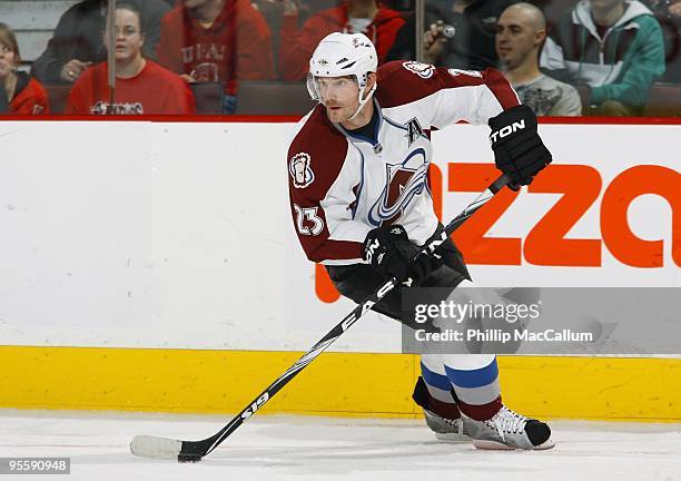 Milan Hejduk of the Colorado Avalanche curls around with the puck looking for a breakout pass in a game against the Ottawa Senators at Scotiabank...