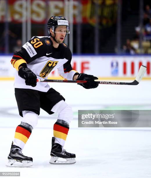 Patrick Hager of Germany skates against United States during the 2018 IIHF Ice Hockey World Championship group stage game between United States and...