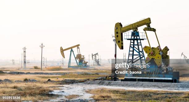 oil pumps working under the sky - oil geology stock pictures, royalty-free photos & images