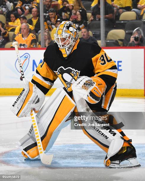 Matt Murray of the Pittsburgh Penguins defends the net against the Washington Capitals in Game Three of the Eastern Conference Second Round during...