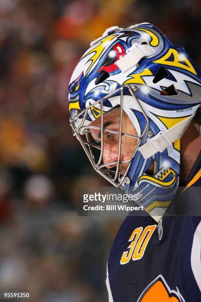 Ryan Miller of the Buffalo Sabres waits for a faceoff against the Atlanta Thrashers on January 1, 2010 at HSBC Arena in Buffalo, New York.