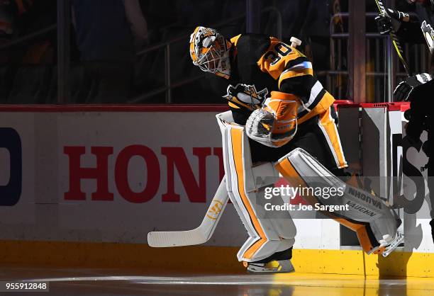 Matt Murray of the Pittsburgh Penguins takes the ice prior to the game against the Washington Capitals in Game Four of the Eastern Conference Second...