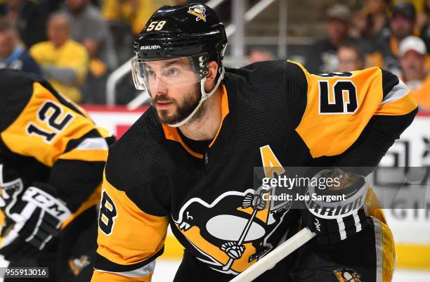 Kris Letang of the Pittsburgh Penguins skates against the Washington Capitals in Game Four of the Eastern Conference Second Round during the 2018 NHL...