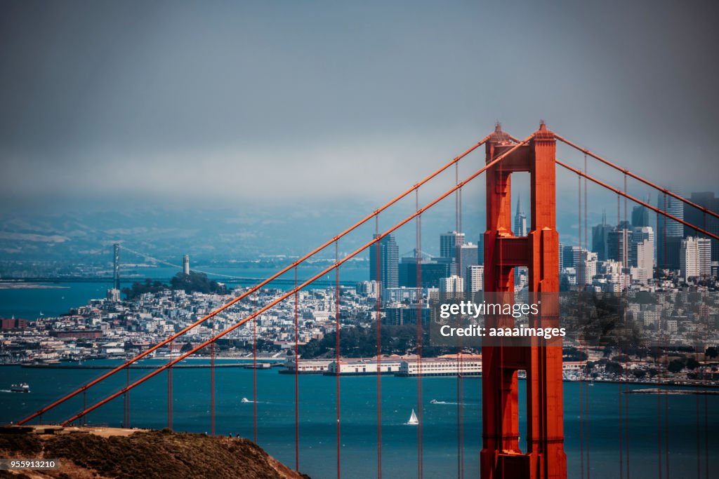 Shot San francisco city skyline with Golden Gate Bridge on foreground