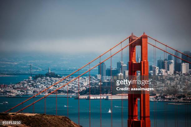 shot san francisco city skyline with golden gate bridge on foreground - san francisco stock pictures, royalty-free photos & images