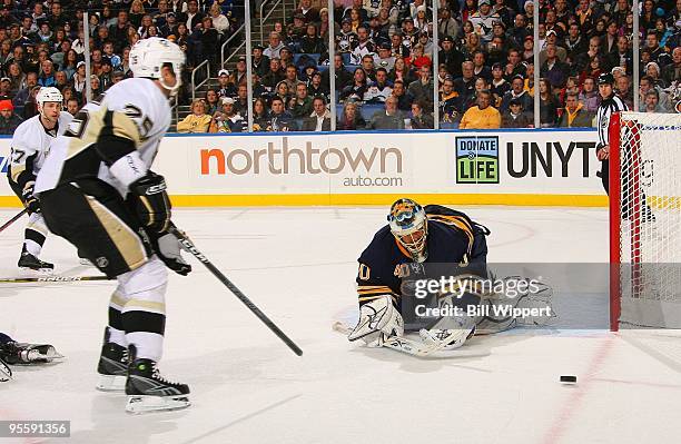 Patrick Lalime of the Buffalo Sabres tends goal against the Pittsburgh Penguins on December 29, 2009 at HSBC Arena in Buffalo, New York.