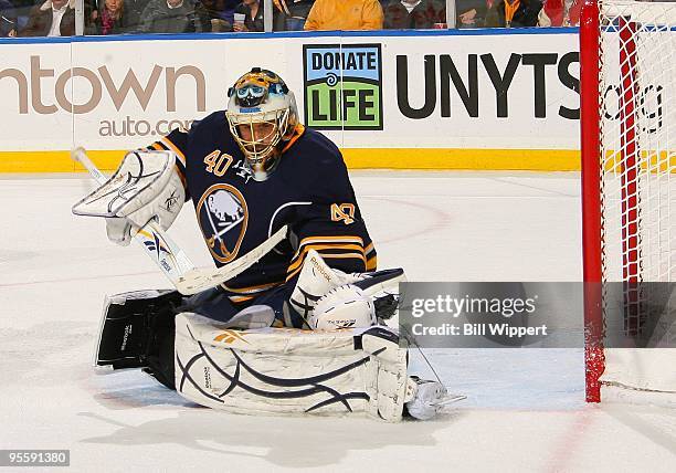 Patrick Lalime of the Buffalo Sabres tends goal against the Pittsburgh Penguins on December 29, 2009 at HSBC Arena in Buffalo, New York.