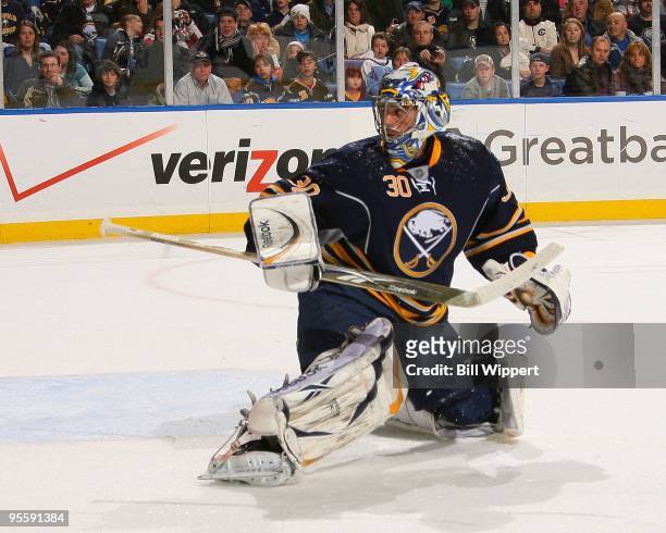 Ryan Miller of the Buffalo Sabres tends goal against the Pittsburgh Penguins on December 29, 2009 at HSBC Arena in Buffalo, New York.