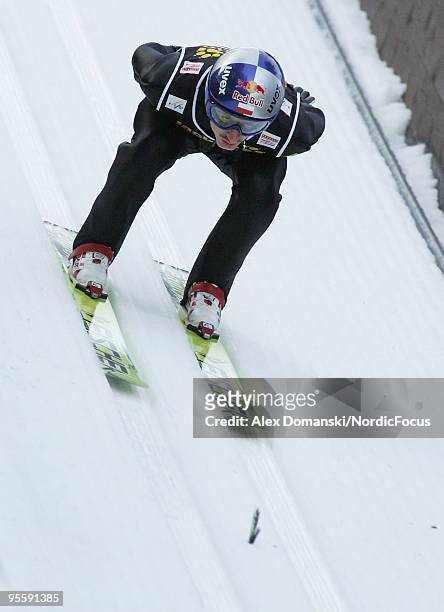 Adam Malysz of Poland competes during the FIS Ski Jumping World Cup event of the 58th Four Hills Ski Jumping Tournament on January 05, 2010 in...