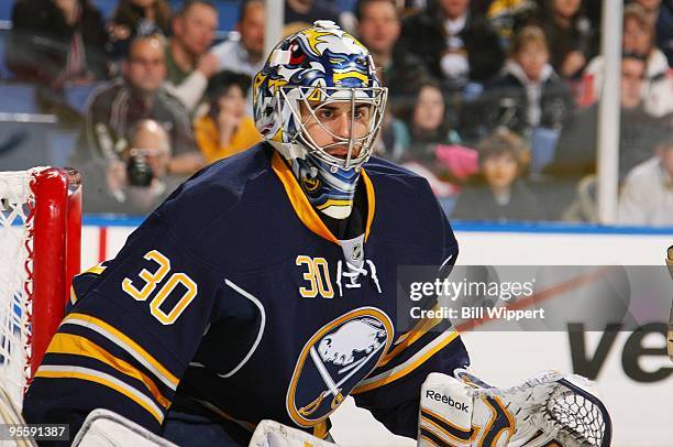 Ryan Miller of the Buffalo Sabres tends goal against the Pittsburgh Penguins on December 29, 2009 at HSBC Arena in Buffalo, New York.