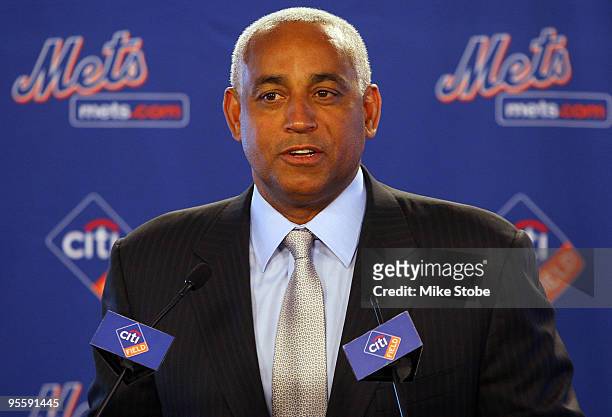 General manager Omar Minaya talks to the media during a press conference to announce Jason Bay's signing to the New York Mets on January 5, 2010 at...