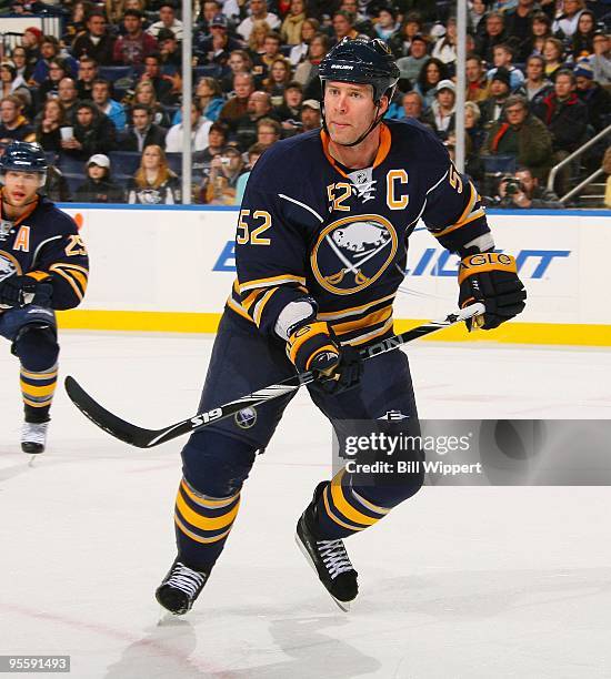 Craig Rivet of the Buffalo Sabres skates against the Pittsburgh Penguins on December 29, 2009 at HSBC Arena in Buffalo, New York.