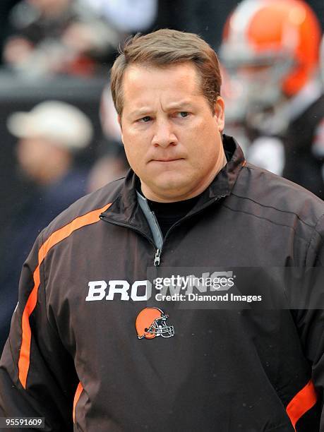 Head coach Eric Mangini of the Cleveland Browns looks towards the sideline prior to a game on December 27, 2009 against the Oakland Raiders at...