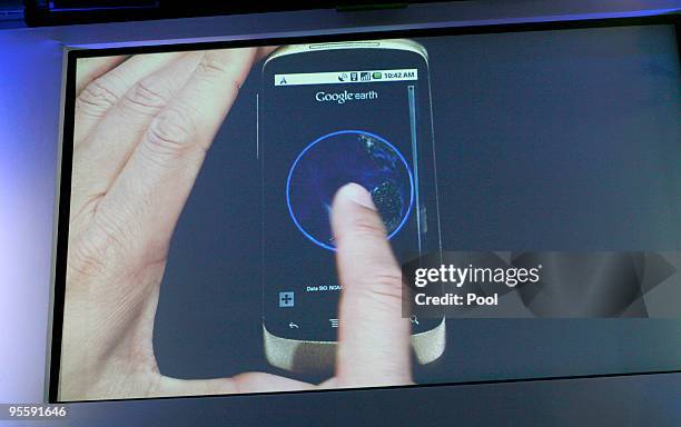 Screen shot of the Google Earth application on Google's Nexus One smartphone is displayed on a screen during the unveiling at Google's headquarters...