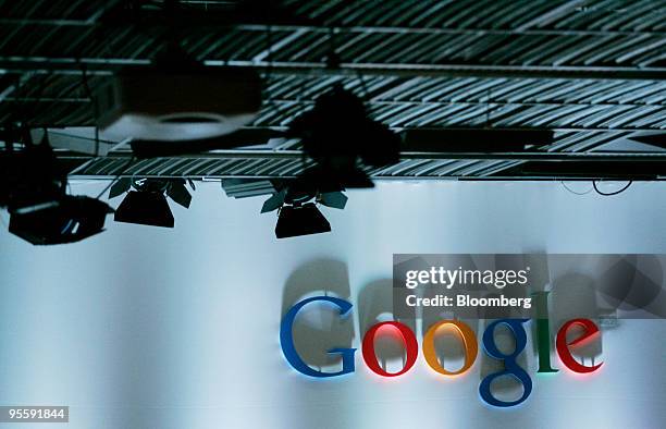 The Google Inc. Logo is shown prior to the unveiling of the Google Nexus One touch-screen mobile phone during a news conference at Google...