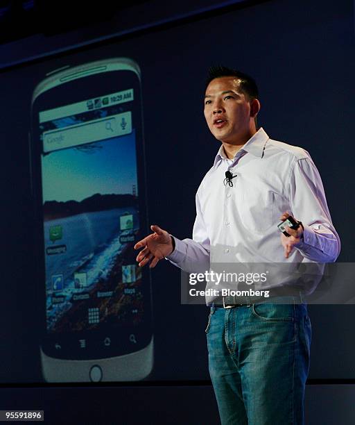 Erick Tseng, senior product manager for Google Inc., speaks during the Google Nexus One touch-screen mobile phone launch that his company will...
