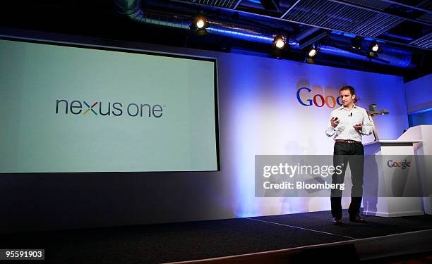 Mario Queiroz, vice president of product management for Google Inc., holds the Google Nexus One touch-screen mobile phone his company will produce...