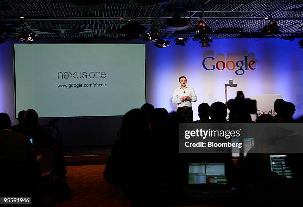 Mario Queiroz, vice president of product management for Google Inc., addresses the media during the launch for the Google Nexus One touch-screen...